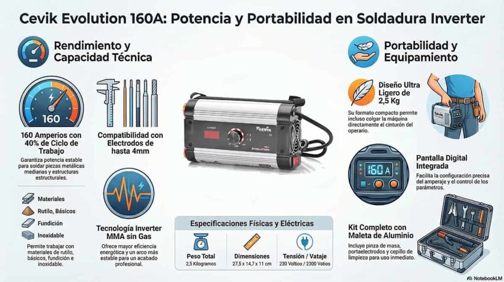 Infografía soldador Inverter cevik evolution 160A